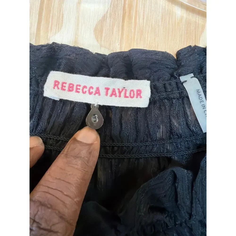 Rebecca Taylor Black Chevron Semi Sheer Drawstring Blouse Size 6 Travel Evening